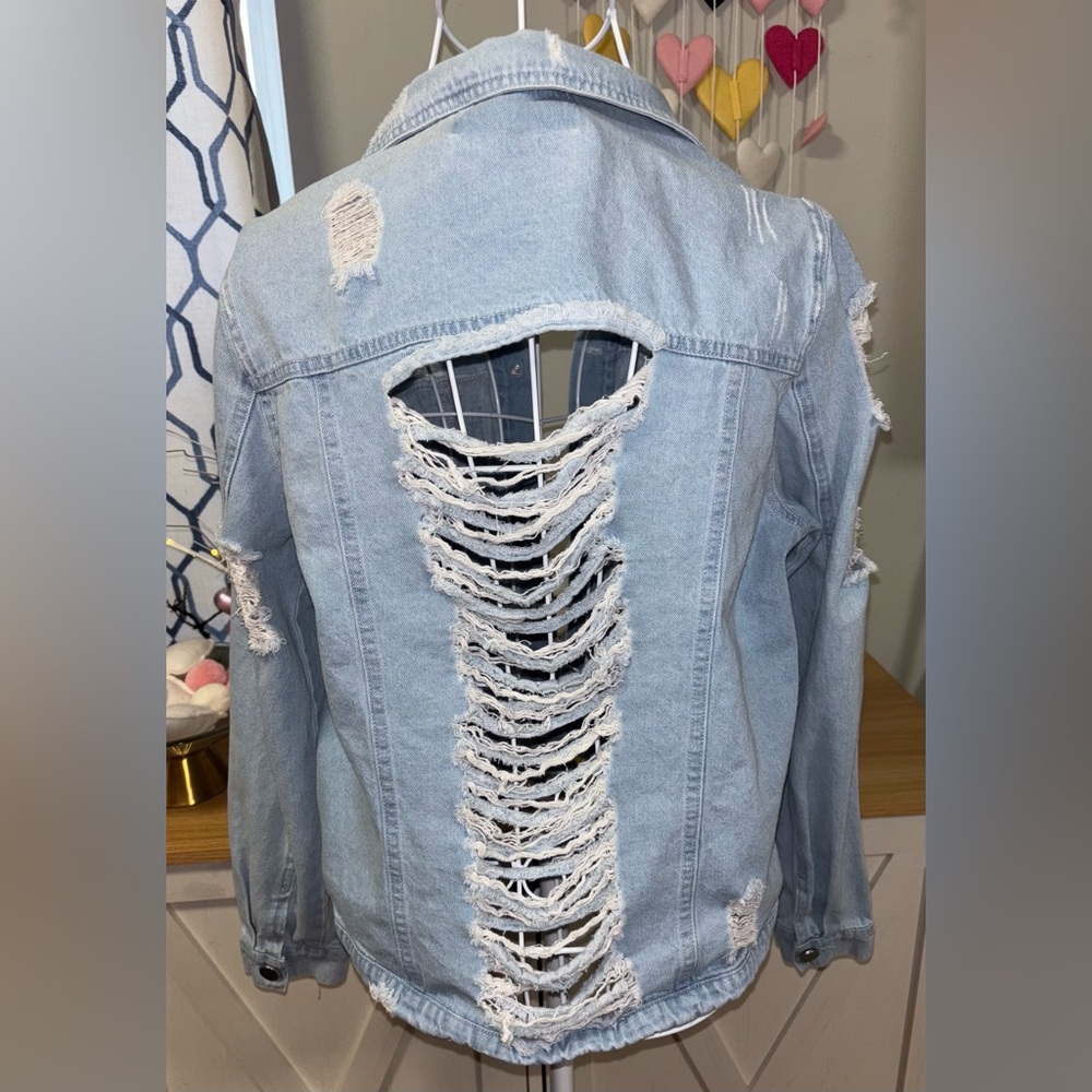 Paper Crane Distressed Denim Jacket, Size Small.